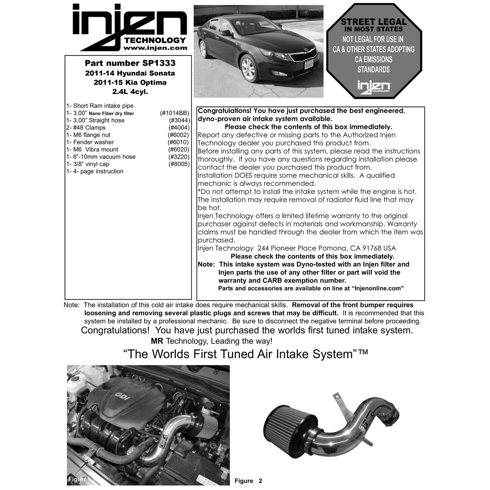 Injen Short Ram Air Intake | Hyundai Sonata (98-17), Tucson (04-19), Azera (06-11), Kia Forte Koup (09-13), Kia Optima (10-16) (SP1333BLK)