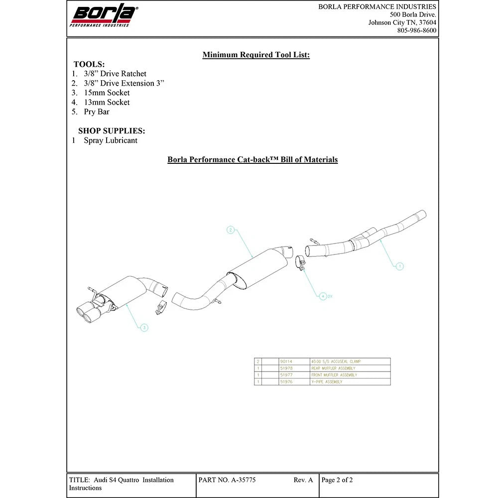 Borla Cat-Back Exhaust System - S-Type | 2000-2002 Audi S4 2.7L (14902)