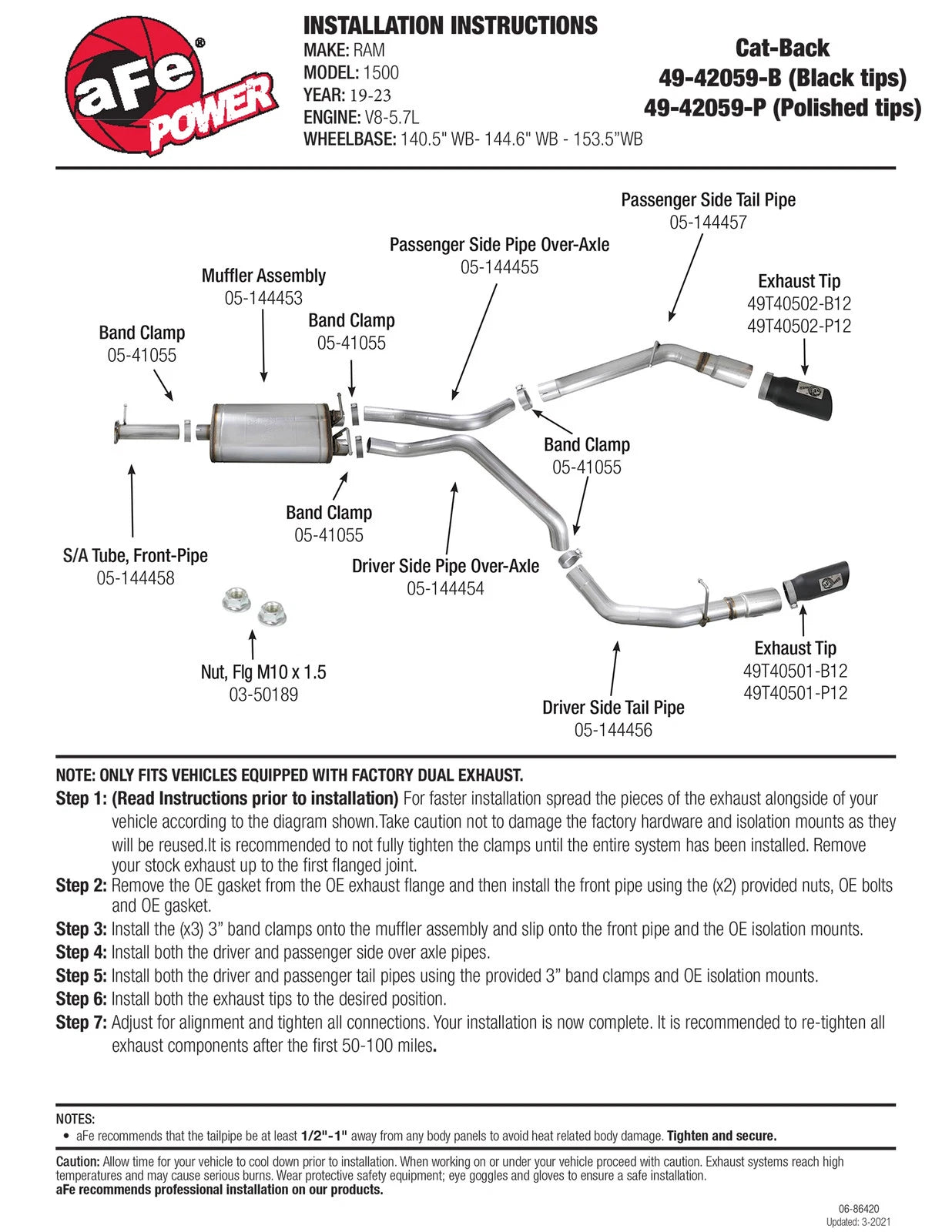 aFe 3in SS Cat-Back Exhaust w/ Dual Tips | RAM 1500 V8-5.7L (19) (49-42059-B)