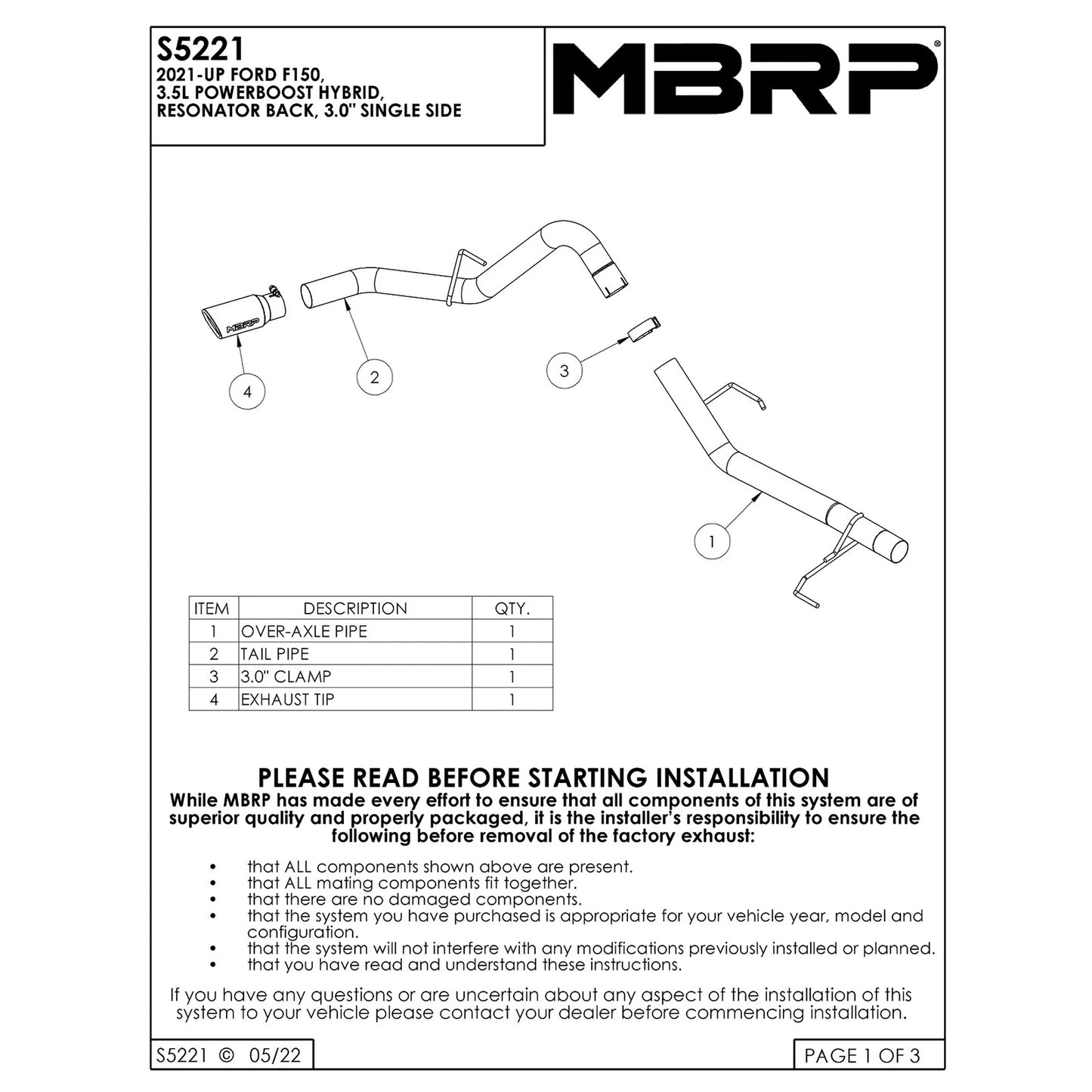 MBRP 3in Resonator-Back Single Side Exit Exhaust | Ford F-150 Powerboost Hybrid (21+) (S5221AL)