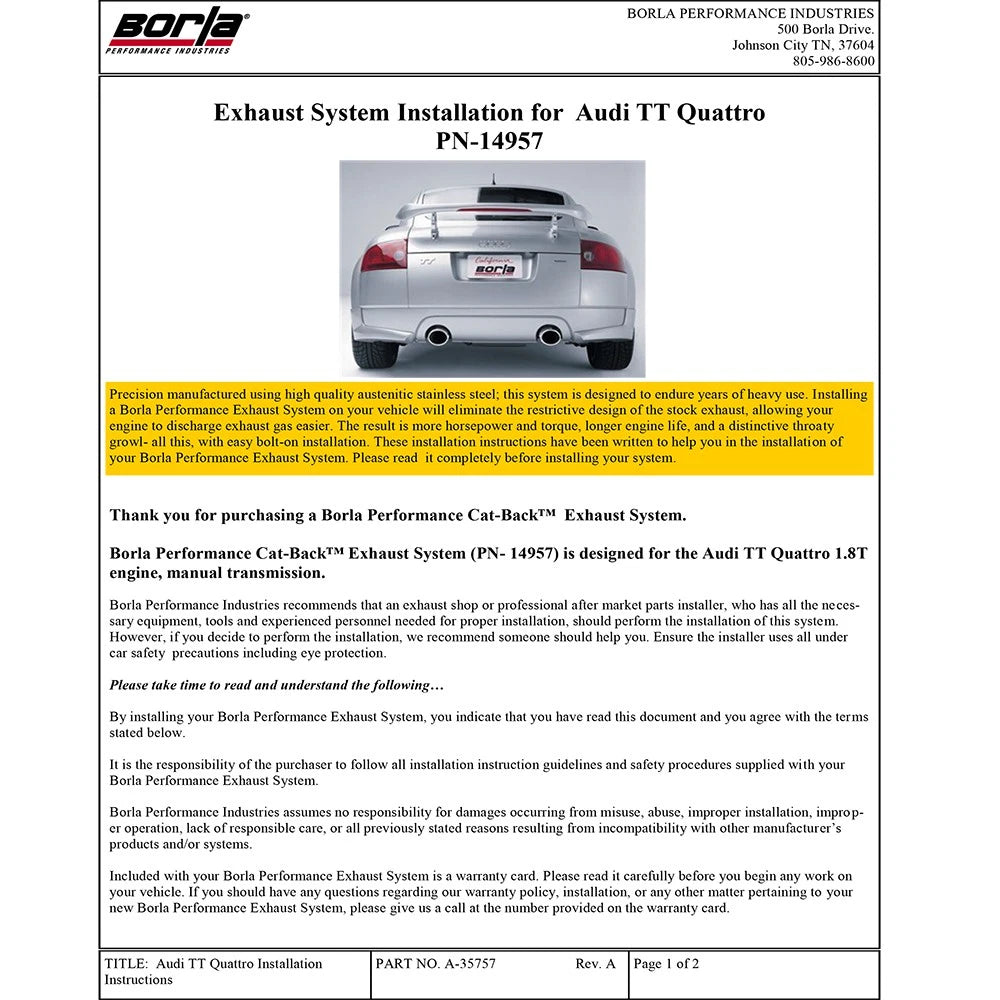 Borla Catback Exhaust | 2001-2006 Audi TT Quattro (14957)