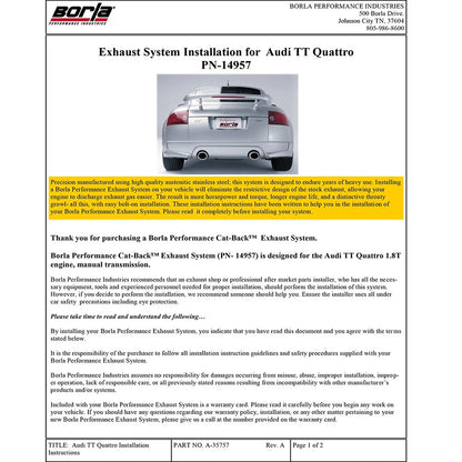 Borla Catback Exhaust | 2001-2006 Audi TT Quattro (14957)