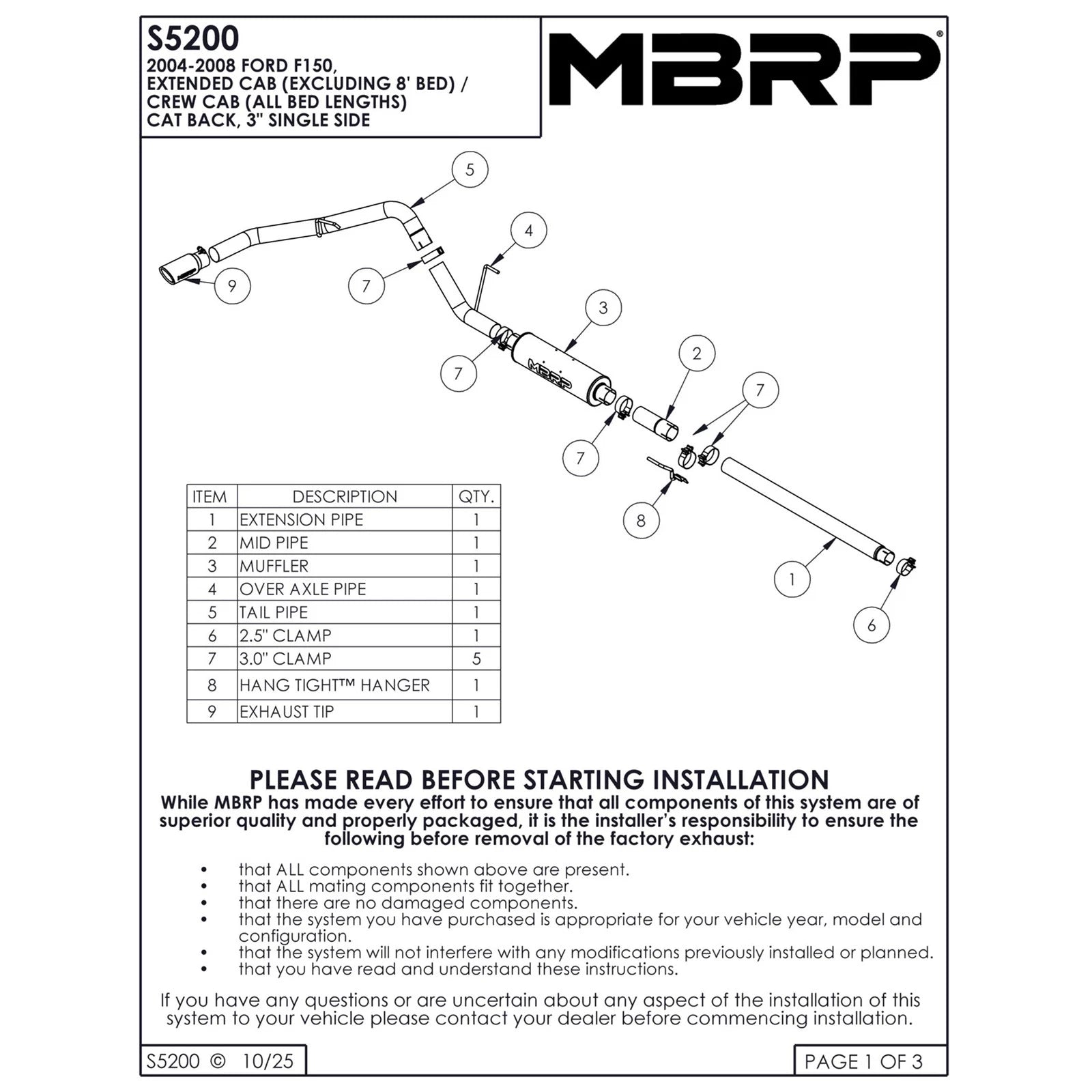 MBRP 3in. Cat-Back Single Side Exit Exhaust | Ford F150 EC/CC-SB (04-08) (S5200409)