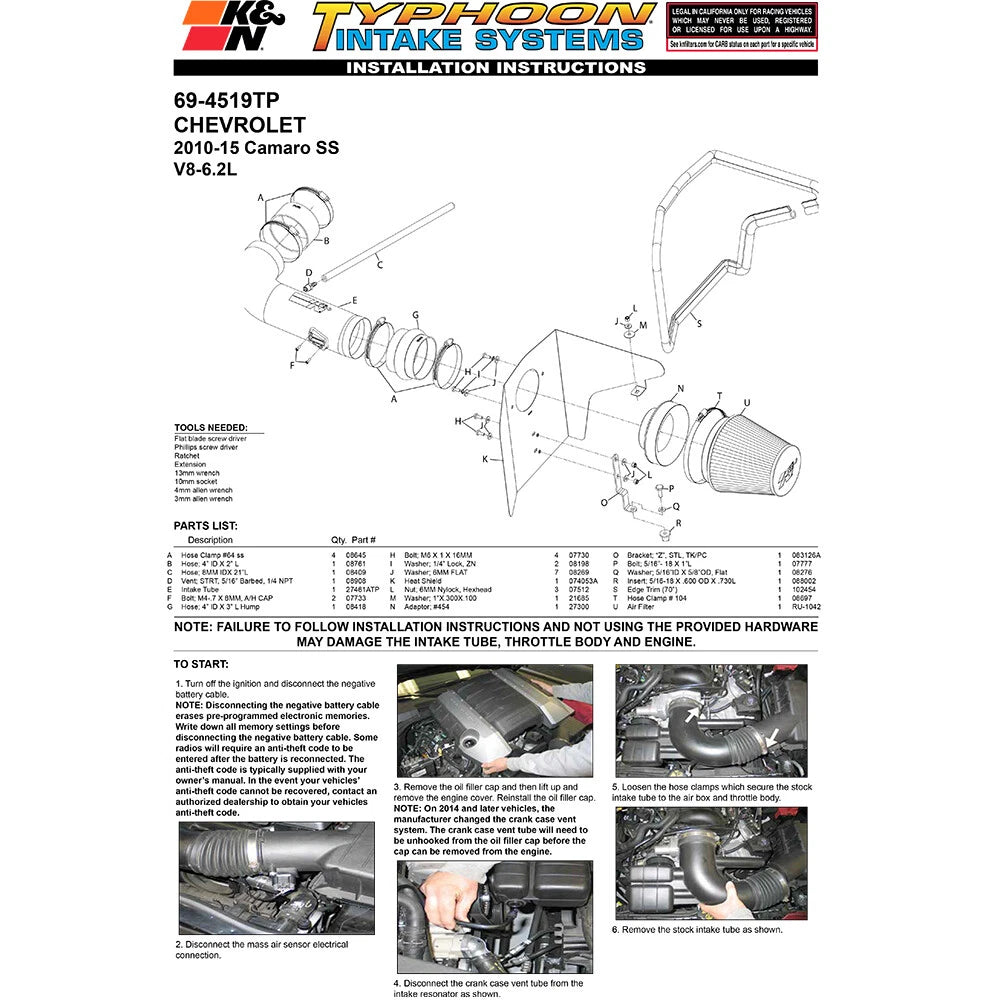 K&N 10 Camaro 6.2L V8 Short Ram Intake | Chevrolet Camaro (10-19) (69-4519TP)