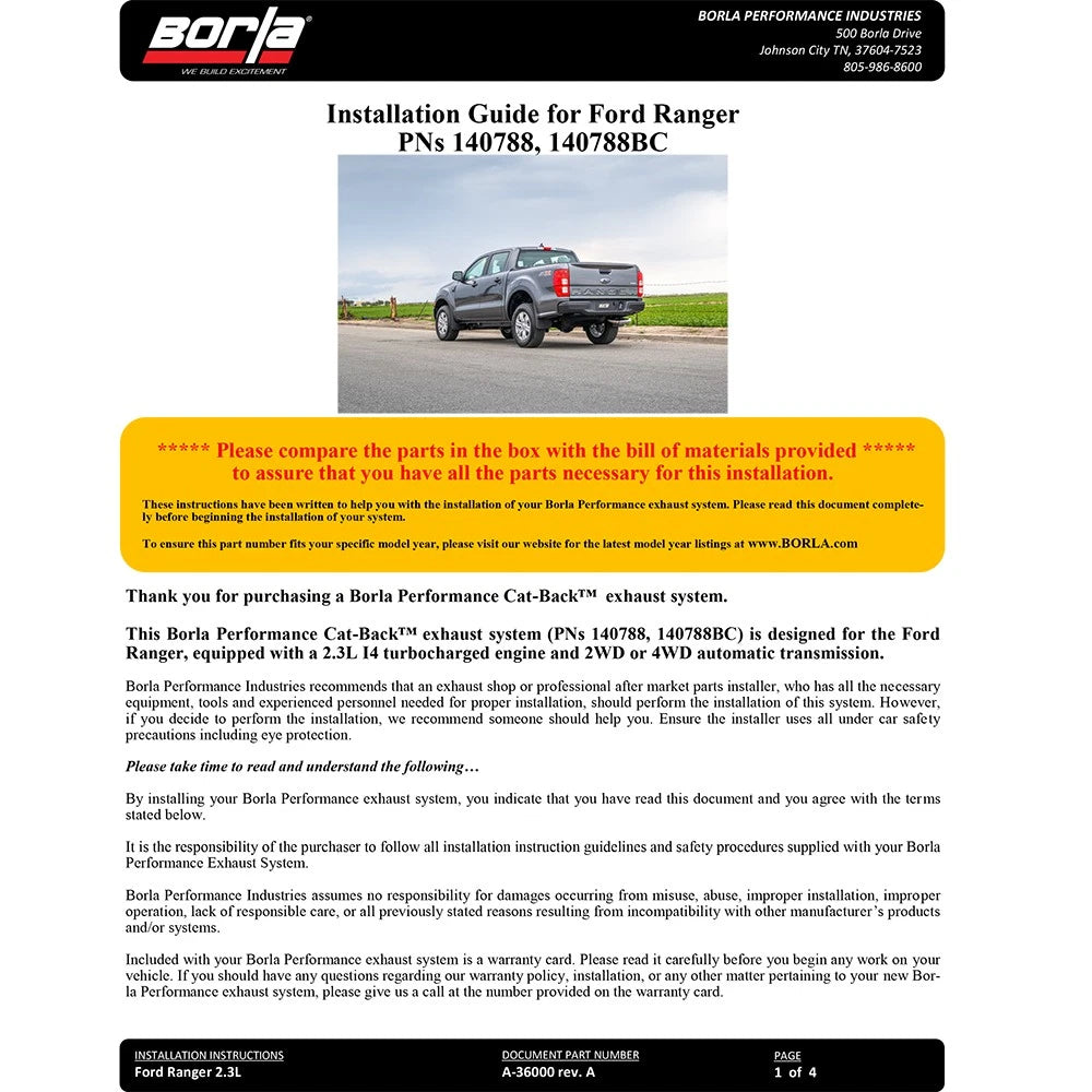 Borla Cat-Back Exhaust System - S-Type | 2019-2020 Ford Ranger 2.3L (140788)