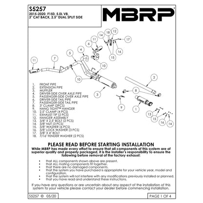MBRP 3in Cat-Back Dual Split Side Exit T409 Exhaust System | Ford F-150 5.0L (15) (S5257409)
