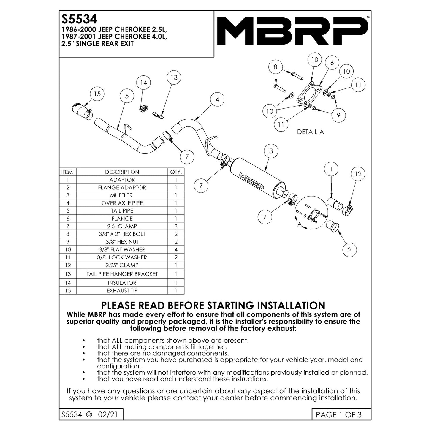 MBRP 2.5in Cat-Back Single Rear Exit T409 Exhaust | Jeep Cherokee 2.5L (86-00) (S5534409)