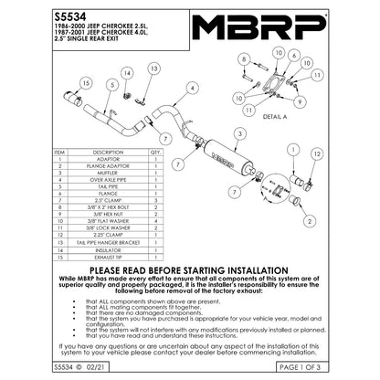 MBRP 2.5in Cat-Back Single Rear Exit T409 Exhaust | Jeep Cherokee 2.5L (86-00) (S5534409)