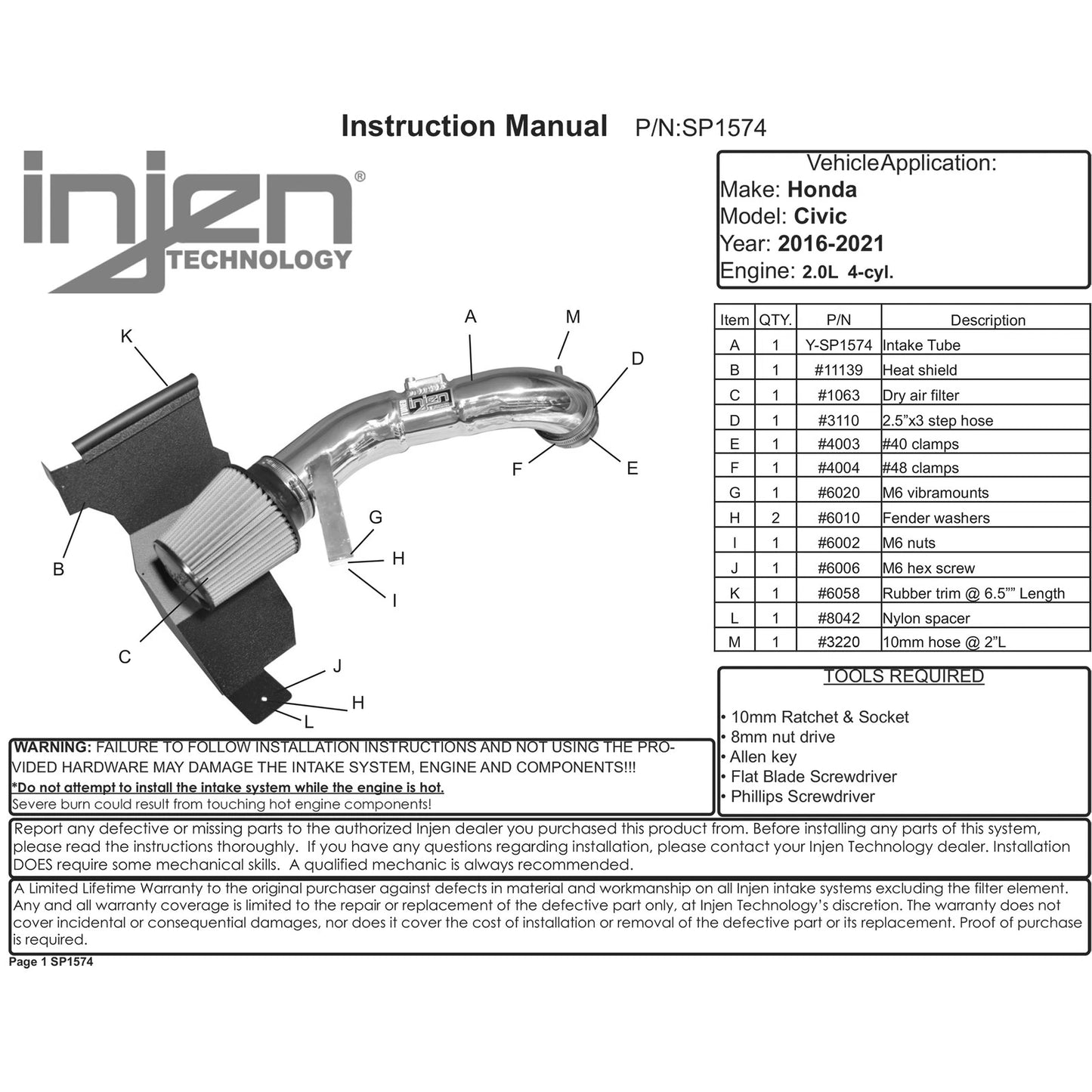 Injen 2016+ Honda Civic 2.0L Short-Ram Intake System | Honda Accord (03-20) / Civic X (16-22) / Civic Type R FK8 / Acura RDX (SP1574P)