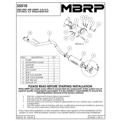 MBRP 2.5in Cat-Back Single Rear Exit Exhaust | Jeep Liberty (02-07) (S5510AL)