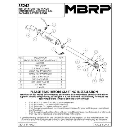 MBRP 3.5in Cat-Back Single Turn Down Aluminum Exhaust | Ford F-150 SVT Raptor 6.2L (11-12) (S5242AL)