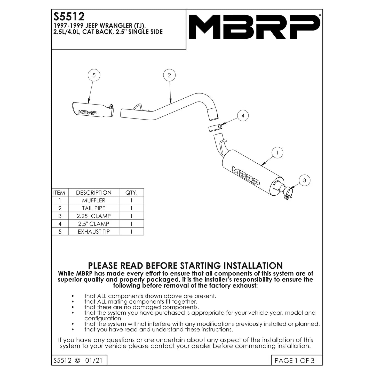 MBRP 2.5in Cat-Back Single Side Exit Exhaust | Jeep Wrangler (TJ) (97-99) (S5512AL)