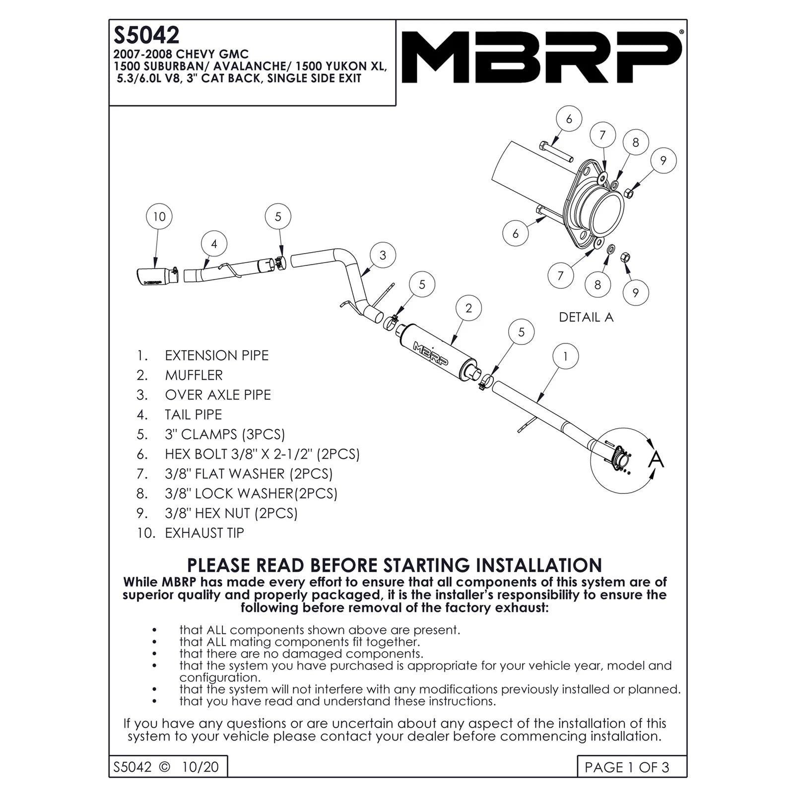MBRP 3in Cat-Back Single Side Exit | Chevy/GMC Yukon XL/Suburban 5.3/6.0 (07-08) (S5042AL)