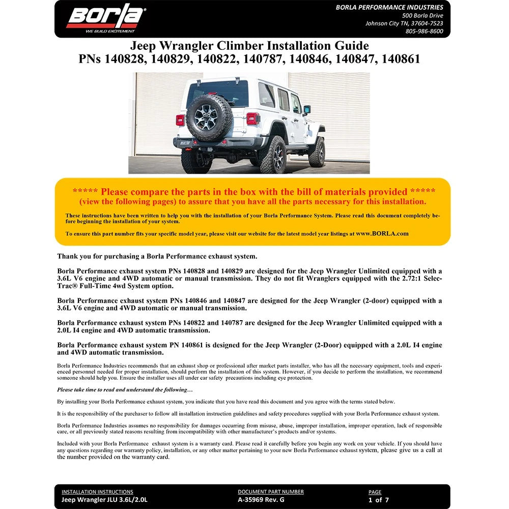Borla 3.6L AT/MT 4WD Touring Cat-back | Jeep Wrangler (18-20) (140846)