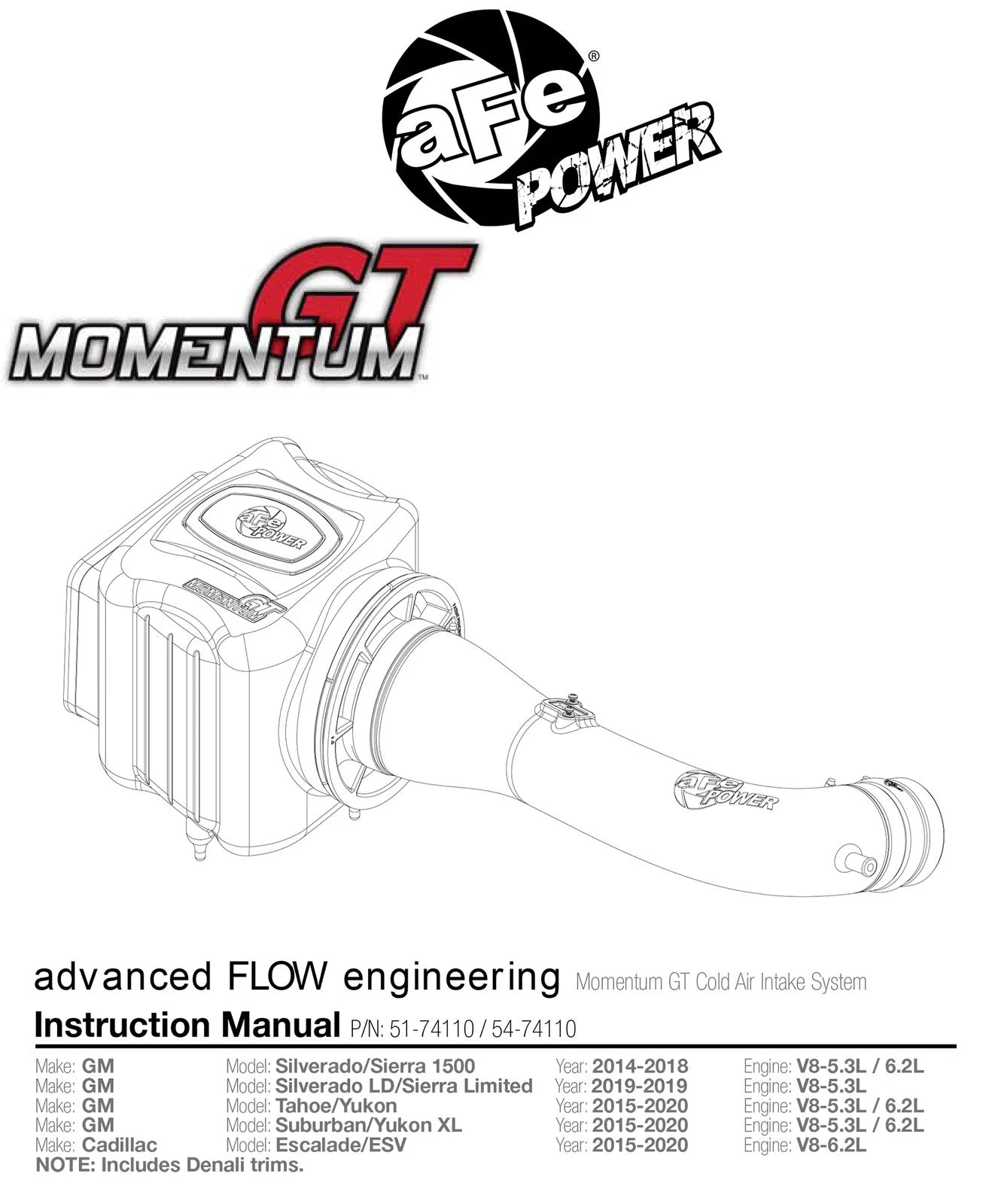 aFe Momentum GT Pro DRY S Cold Air Intake | GM SUV V8 5.3L/6.2L (14-17) (51-74110)