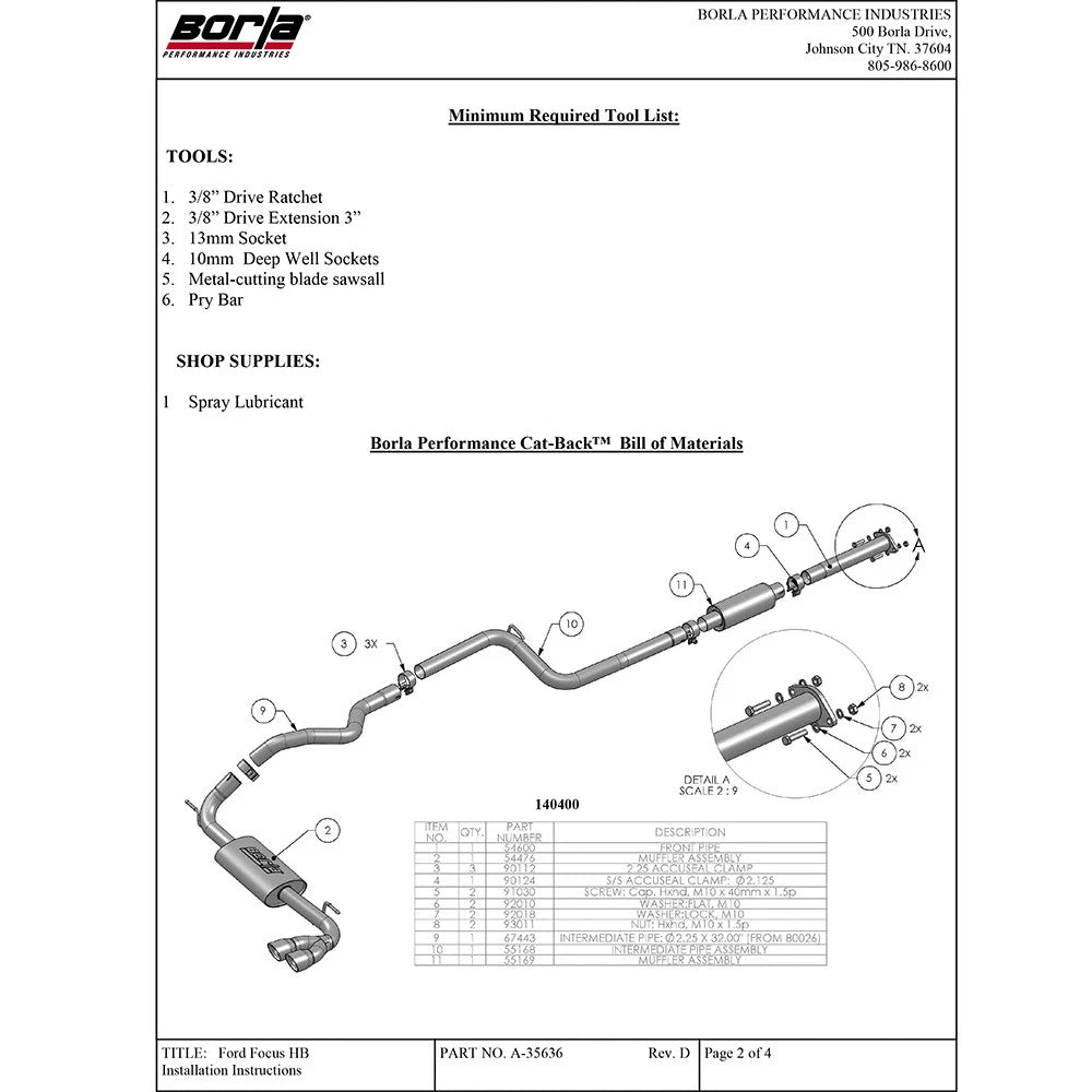 Borla Cat-Back Exhaust System - S-Type | 2012-2018 Ford Focus Hatchback 2.0L (140400)
