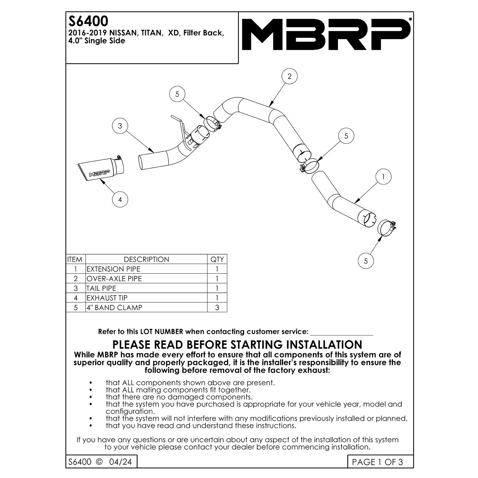 MBRP 4in Alum Filter Back Single Side Exhaust | Titan XD 20-26 (S6400AL)