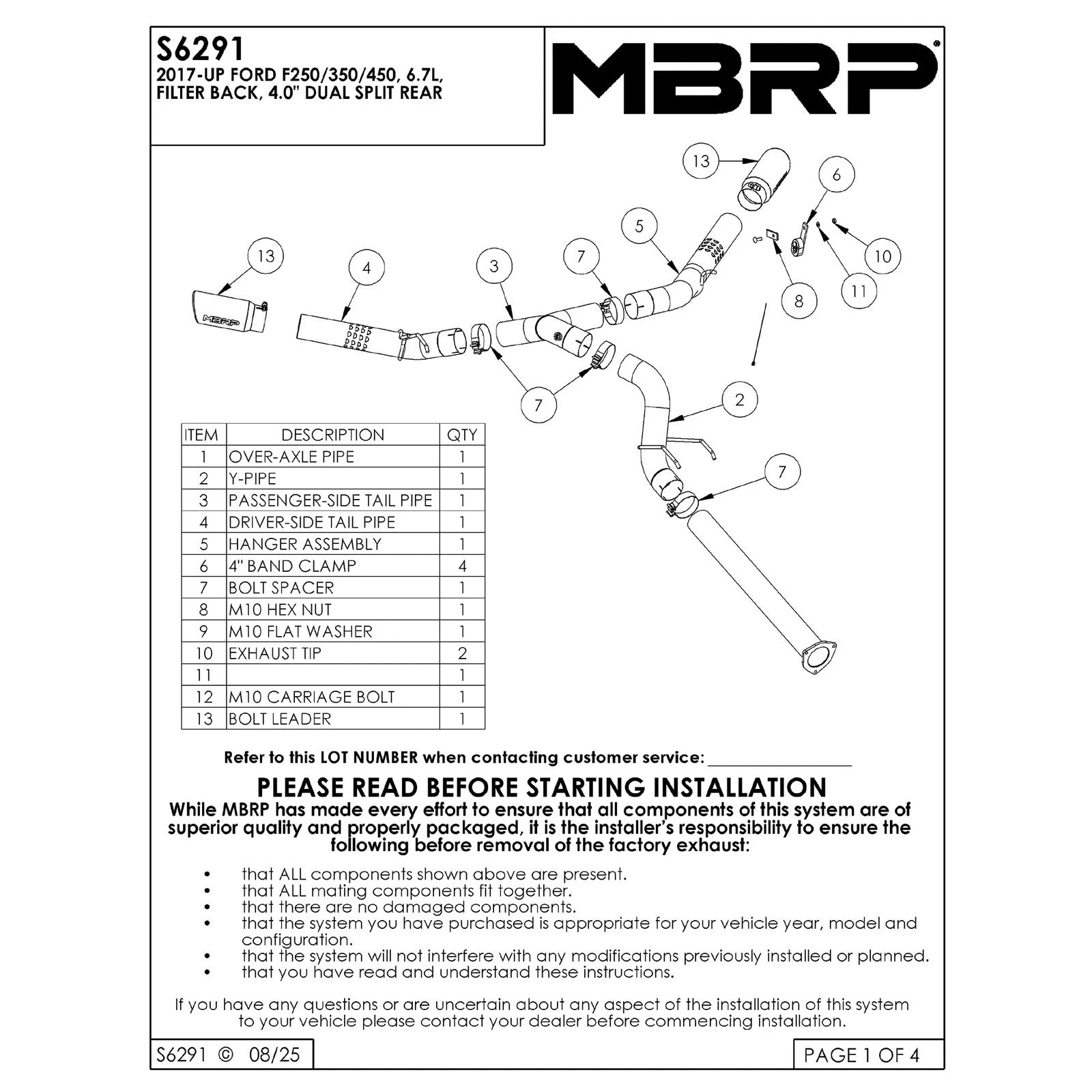 MBRP 17-19 Ford F-250/350/450 6.7L 4in Filter Back Dual T409 Exhaust System (S6291409)