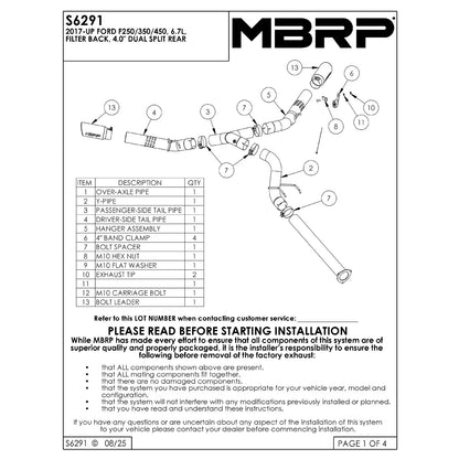 MBRP 17-19 Ford F-250/350/450 6.7L 4in Filter Back Dual T409 Exhaust System (S6291409)