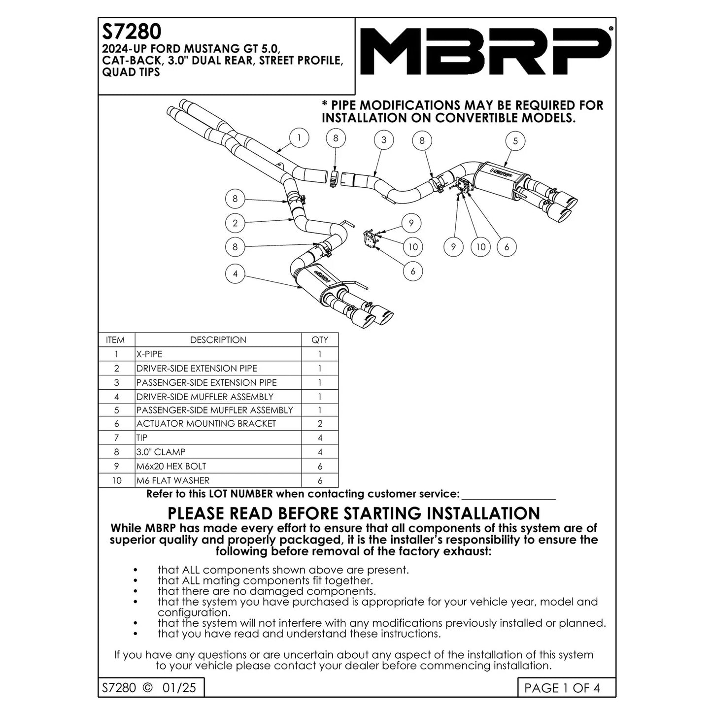 MBRP 3in Cat-Back Dual Split Rear Exhaust | Ford Mustang GT 5.0L (24+) Quad Black Tips (S7280BLK)