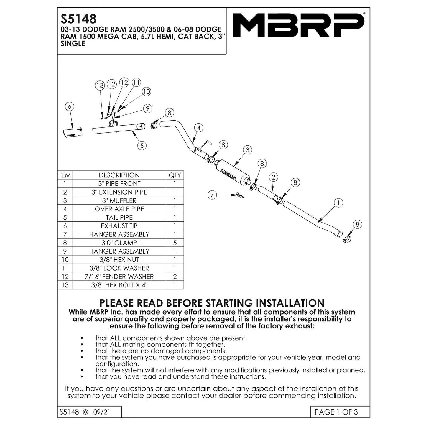 MBRP 3in T409 Cat-Back Single Side Exhaust | Dodge Ram 1500/2500/3500 06-13 (S5148409)
