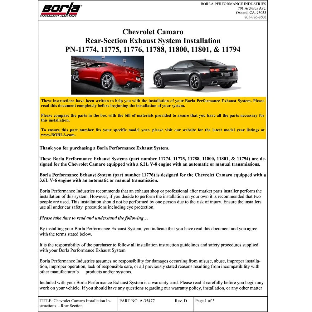 Borla Axle-Back Exhaust System - S-Type | 2010-2013 Chevrolet Camaro 6.2L (11801)