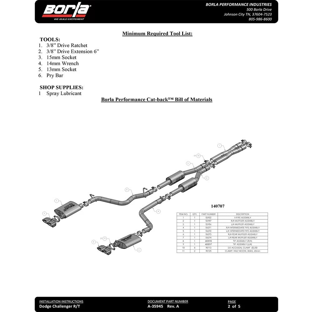 Borla Cat-Back Exhaust System - S-Type | 2009-2014 Dodge Challenger 5.7L (140707)