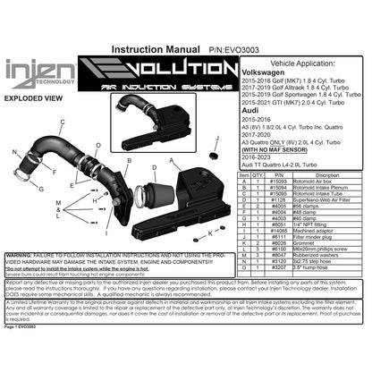 Injen Evolution Cold Air Intake System | Volkswagen Golf / Audi A3 / S3 / GTI / Golf R / e-Golf / Audi TT (09-23) (EVO3003)