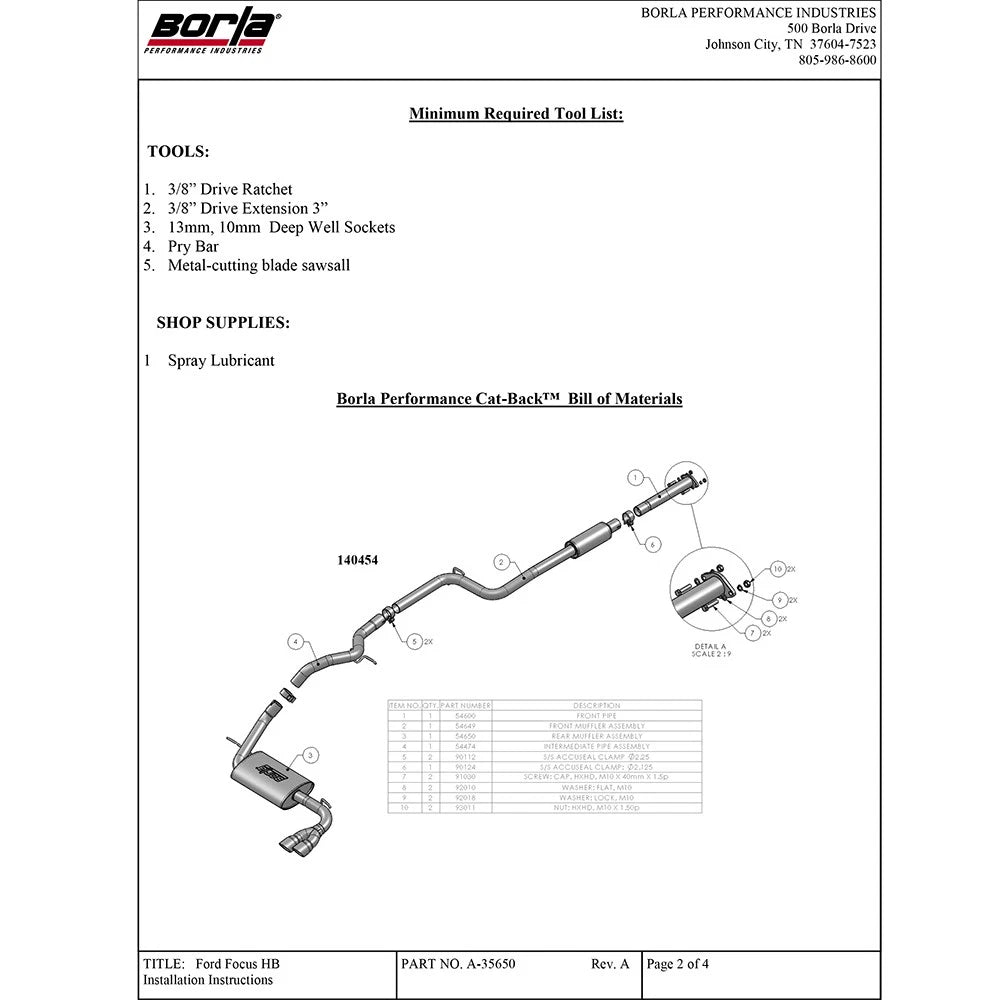 Borla Cat-Back Exhaust System - S-Type | 2012-2017 Ford Focus Sedan 2.0L (140454)