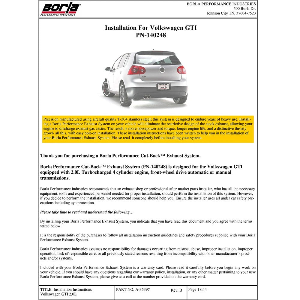 Borla Cat-Back Exhaust System - S-Type | 2006-2009 Volkswagen GTI 2.0L (140248)