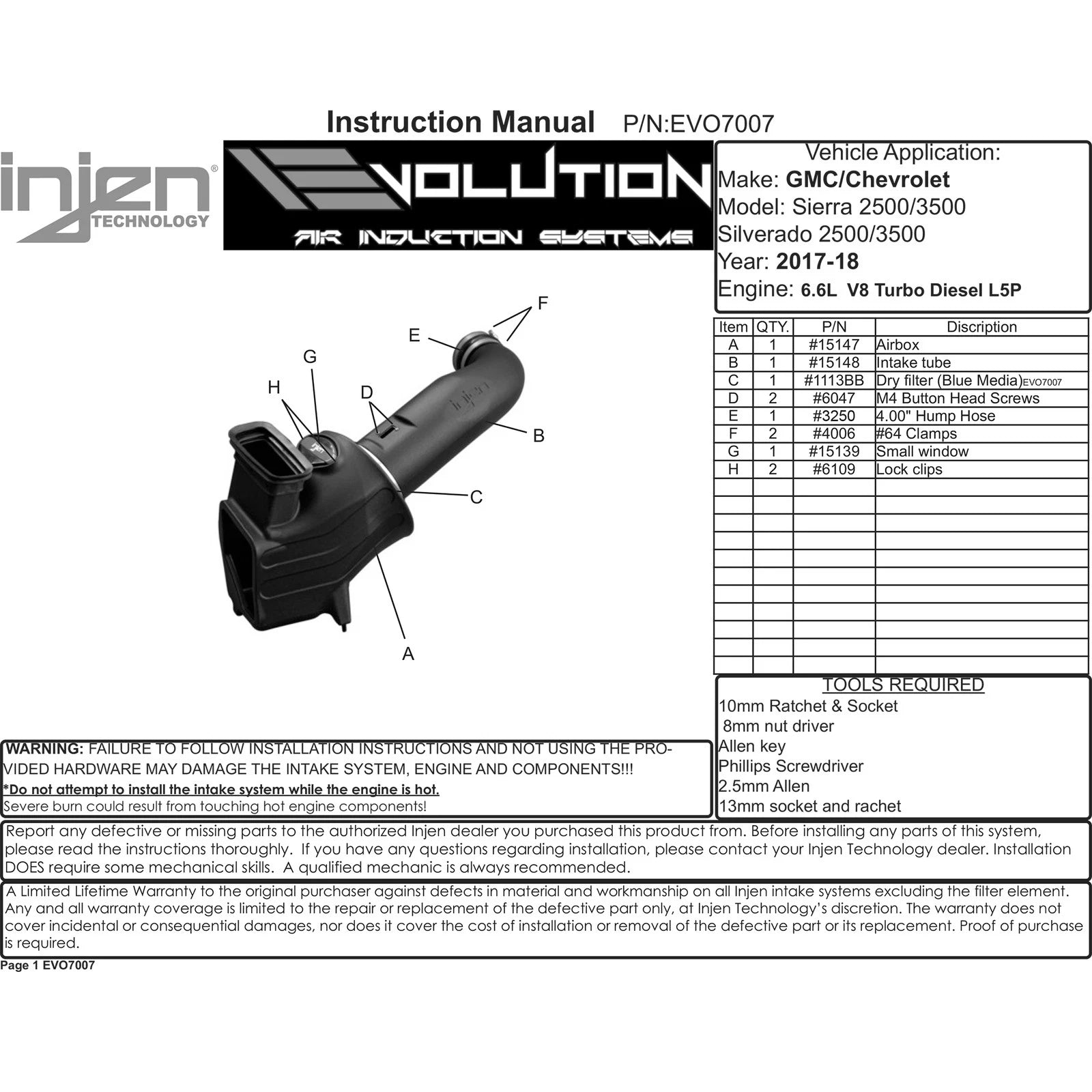 Injen 17-19 Chevy Silverado 2500/3500 Duramax L5P 6.6L Evolution Cold Air Intake (Oiled Filter) | 2014-19 GMC Sierra 3500 HD / Chevrolet Silverado 2500 HD / Silverado 3500 HD