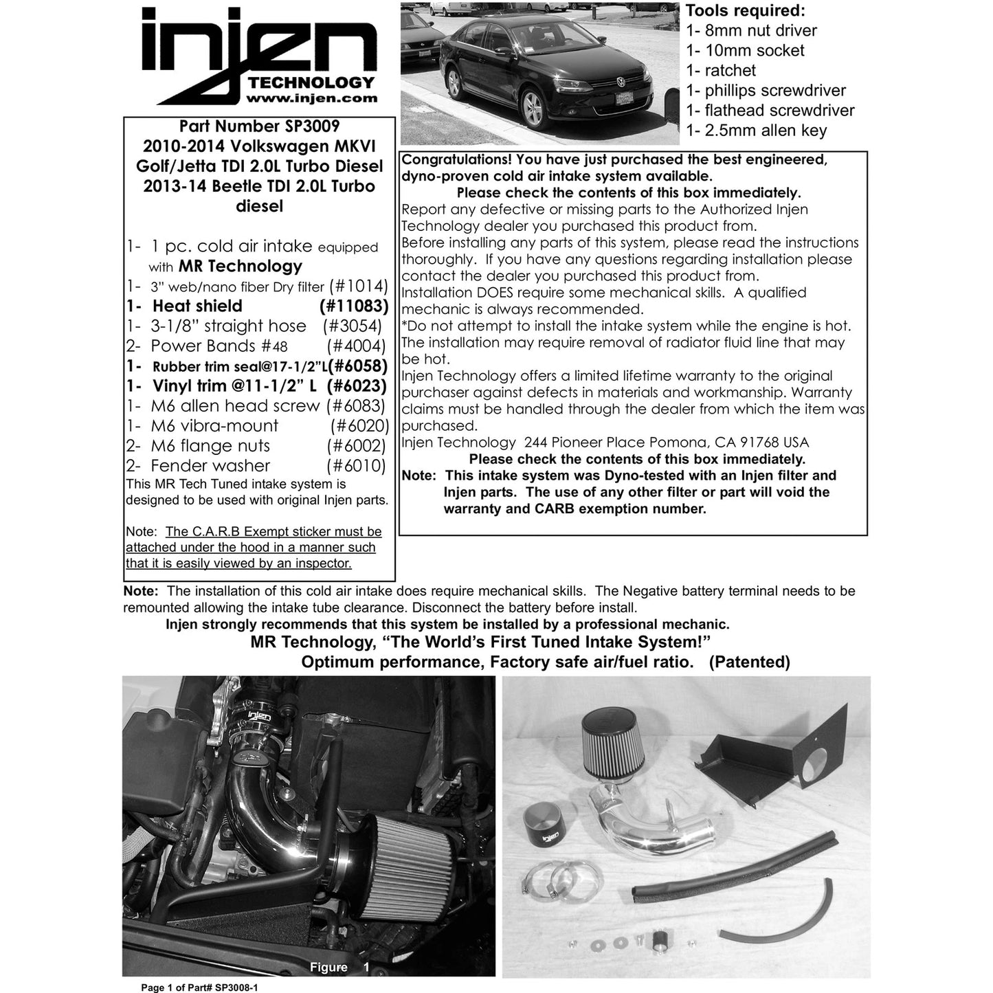 Injen 10-14 VW Golf 2.0L Turbo Diesel Polished Tuned Air Intake w/ MR Tech & Super Filter | Volkswagen Jetta / Eos / Golf / Buick Regal / Beetle (SP3009P)