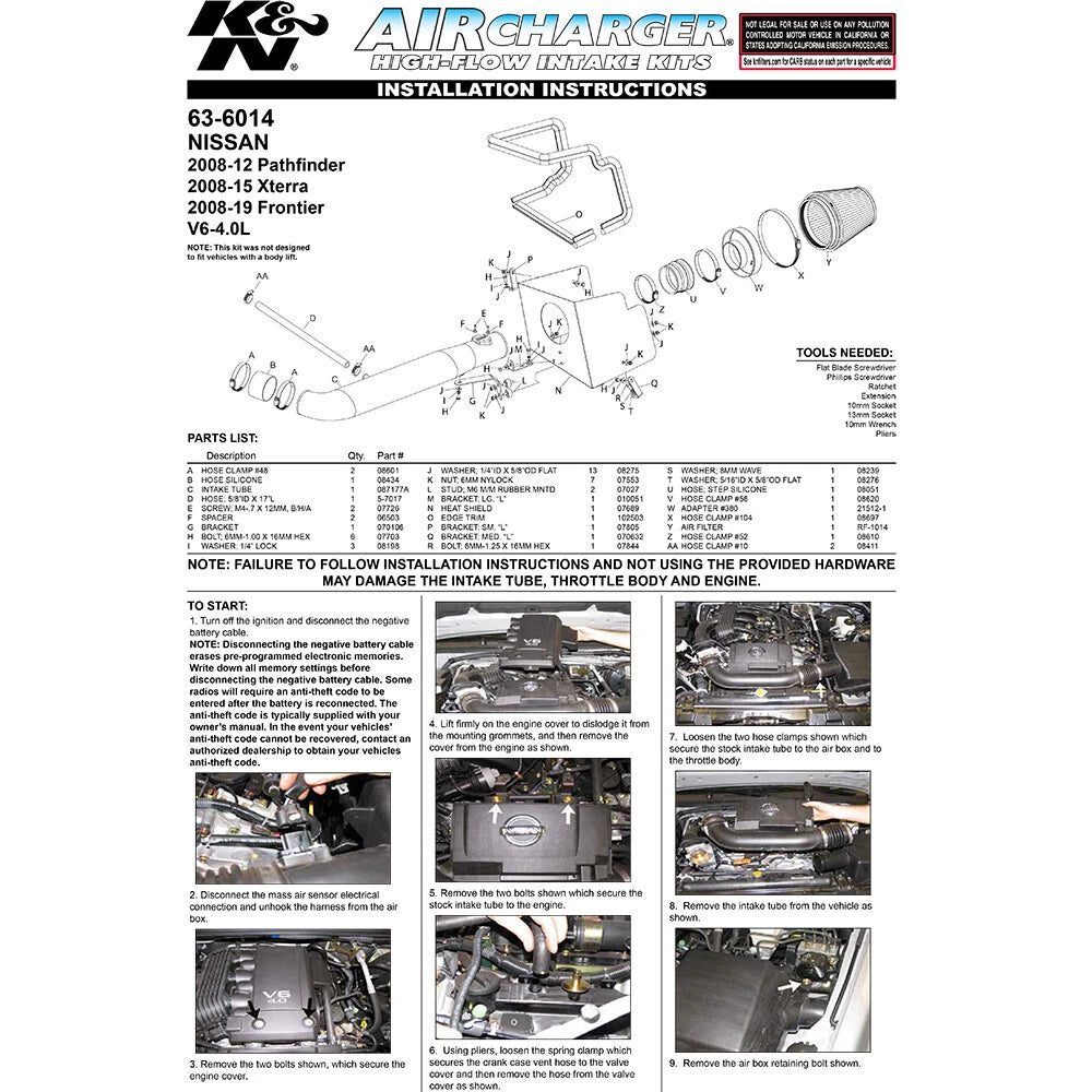 K&N 08-09 Nissan Pathfinder/Xterra/Frontier V6-4.0L AirCharger Performance Intake | Nissan Pathfinder / Xterra / Frontier (63-6014)