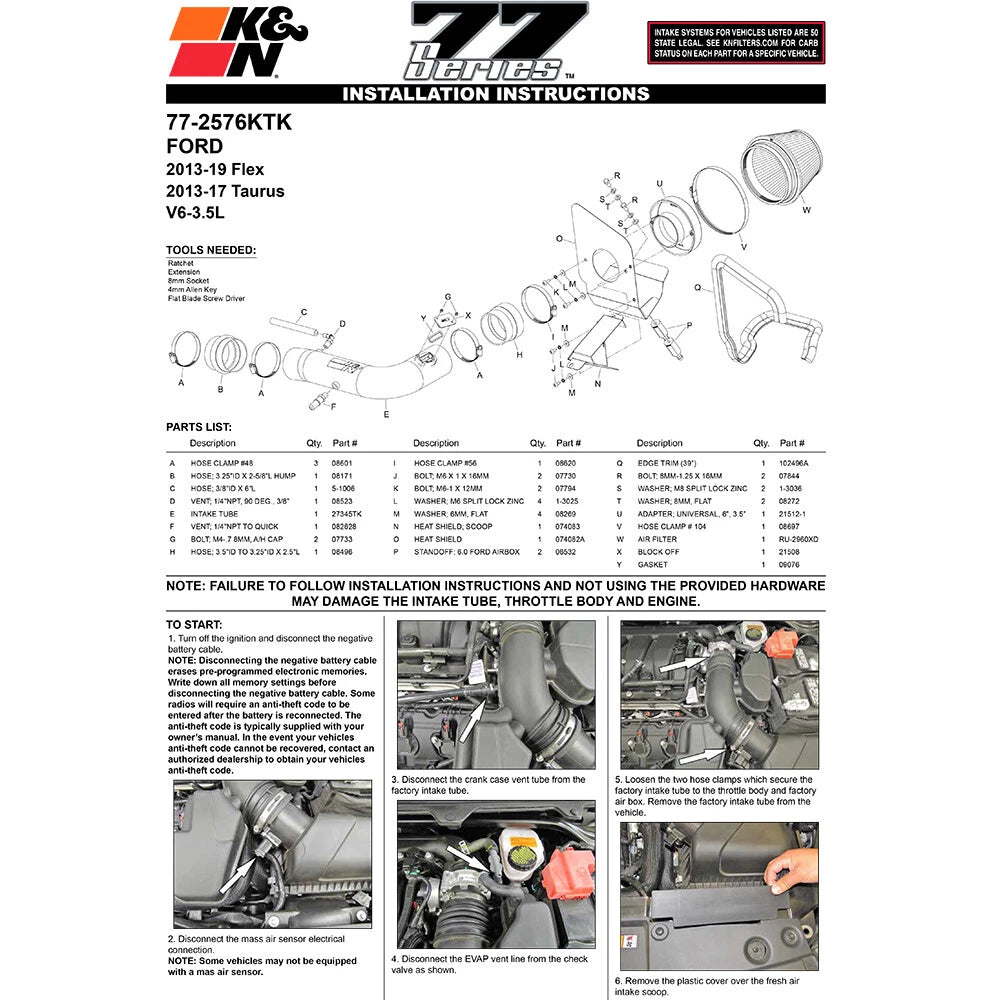 K&N 13 Ford Explorer 3.5L V6 Performance Intake Kit | Ford Explorer (13) (77-2576KTK)