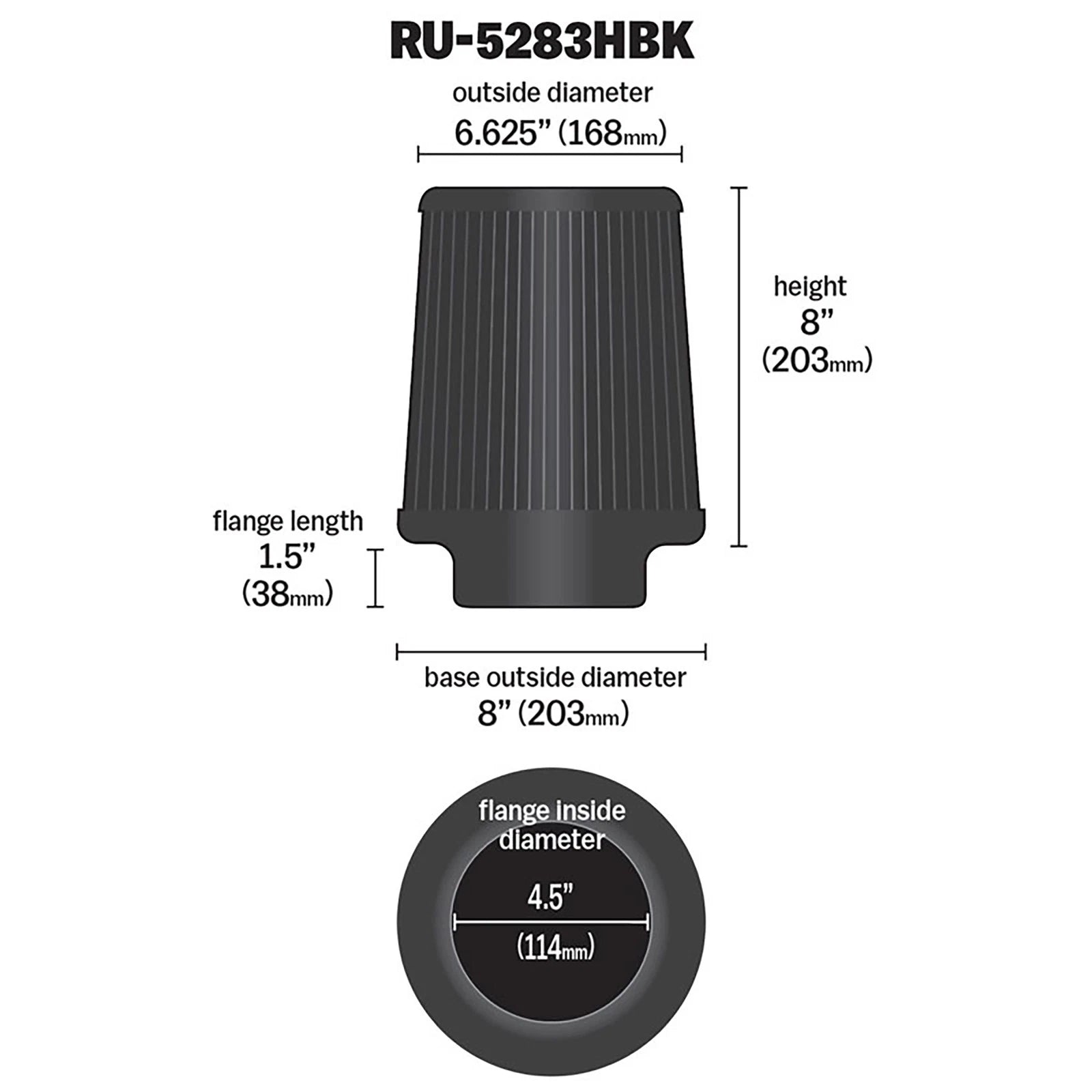 K&N RU-5283HBK Universal Round Tapered High Flow Washable Air Filter for Intake