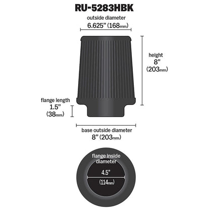 K&N RU-5283HBK Universal Round Tapered High Flow Washable Air Filter for Intake
