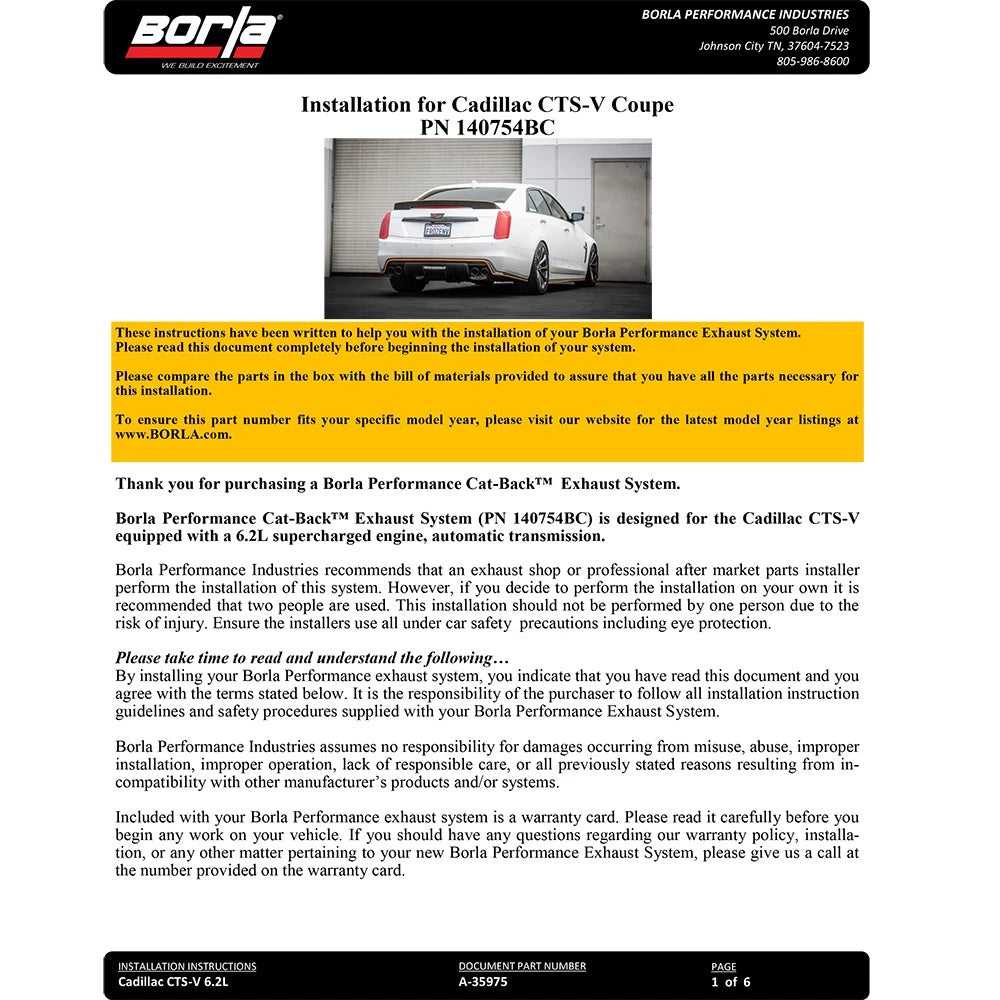 Borla Cat-Back Exhaust System - S-Type | 2016-2019 Cadillac CTS V Automatic 6.2L (140754BC)