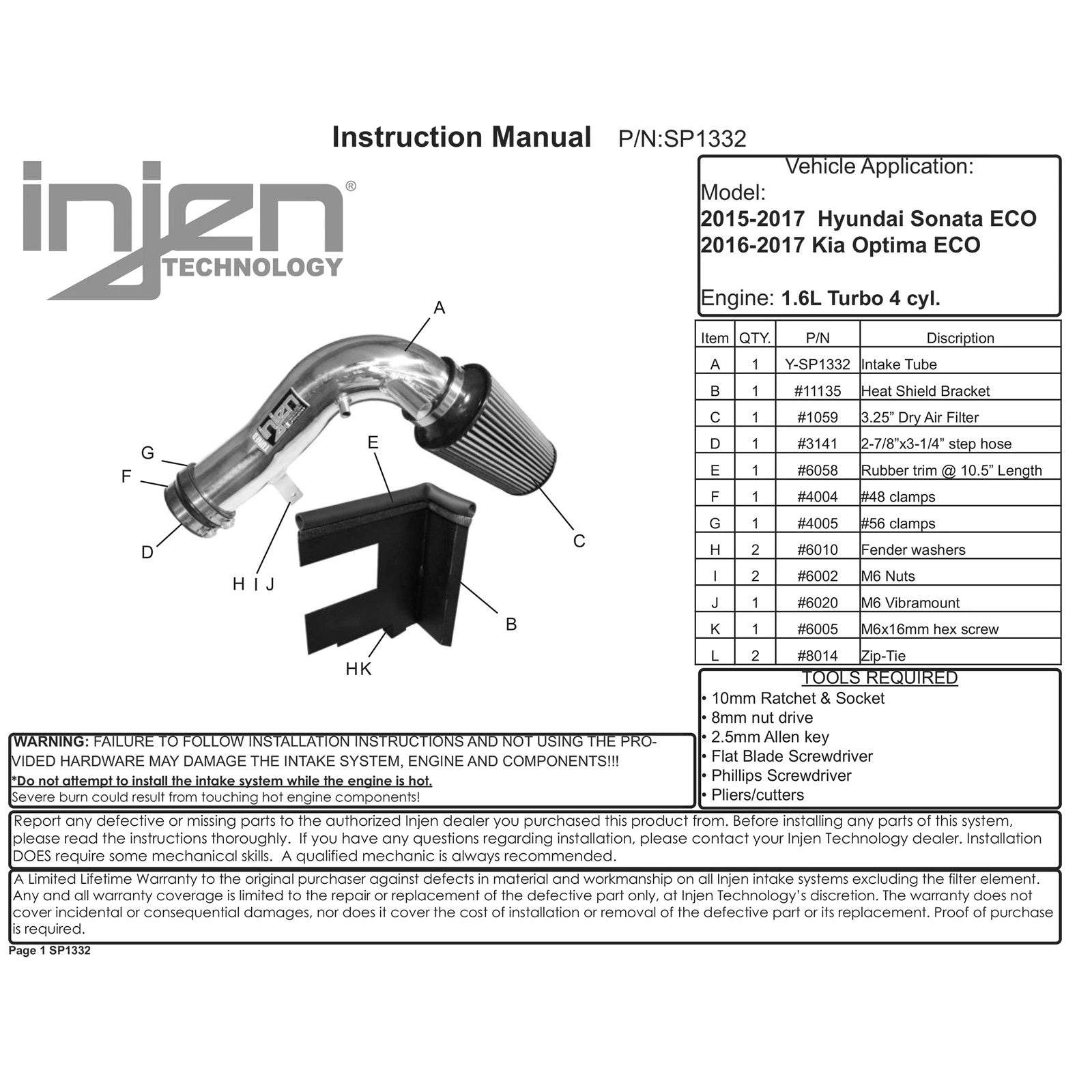 Injen Black Short Ram Intake | Hyundai Sonata (15-18) / Kia Optima / Hyundai Azera (12-17) / Kia Optima (16-20) (SP1332BLK)