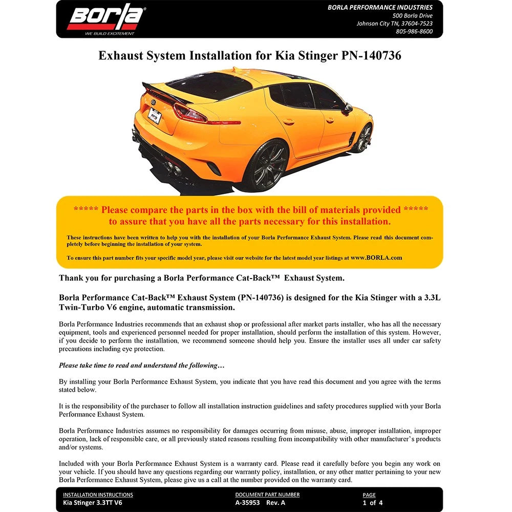 Borla Cat-Back Exhaust System - S-Type | 2018-2020 Kia Stinger 3.3L Turbocharged (140736)