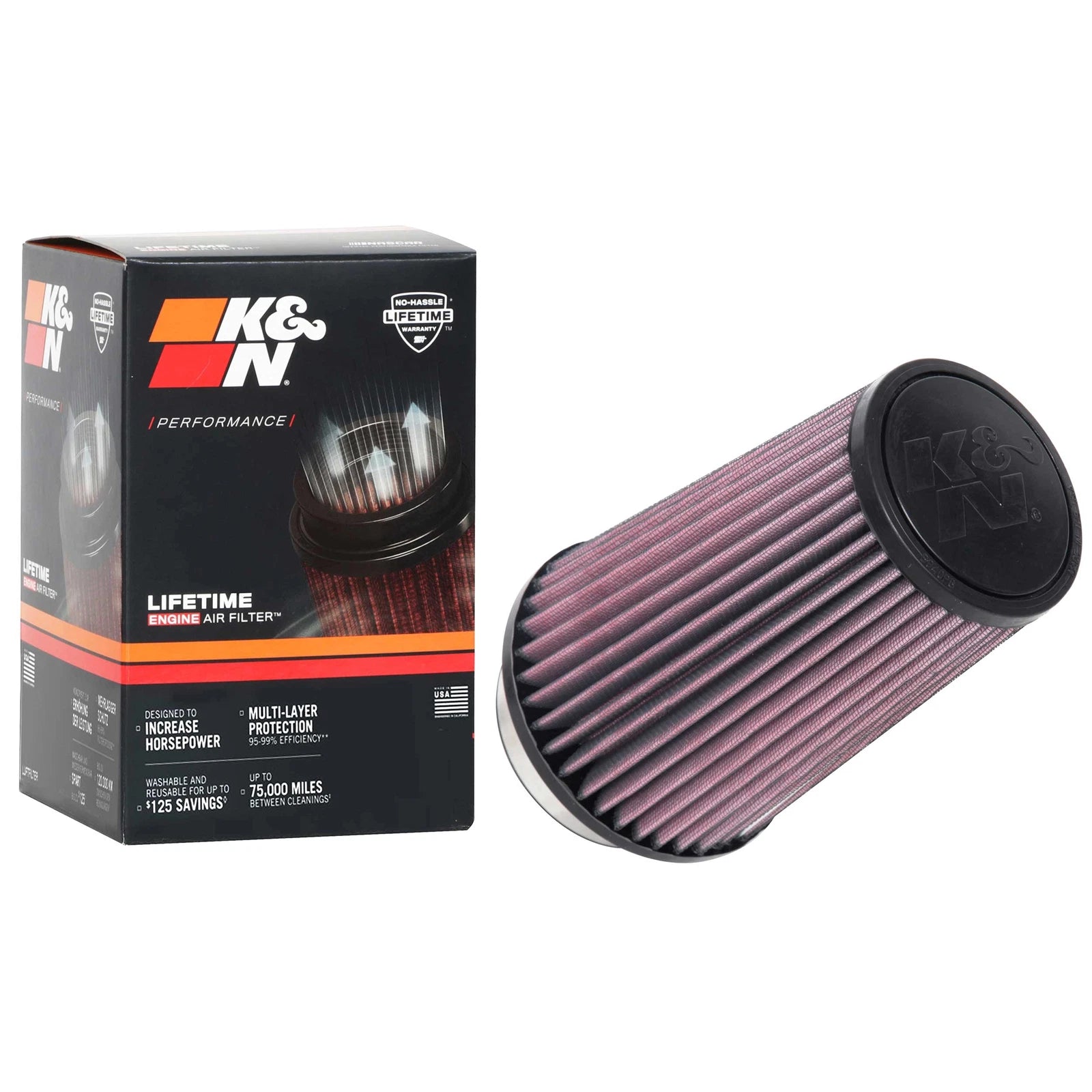 K&N RU-1045 Universal Round Tapered Performance Washable Air Filter for Intake