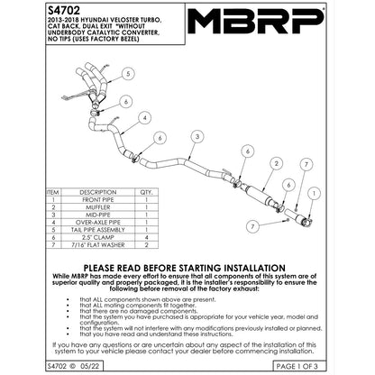 MBRP 2.5in Cat-Back Dual Rear Exit Exhaust System T304 | Hyundai Veloster Turbo (13-18) (S4702304)