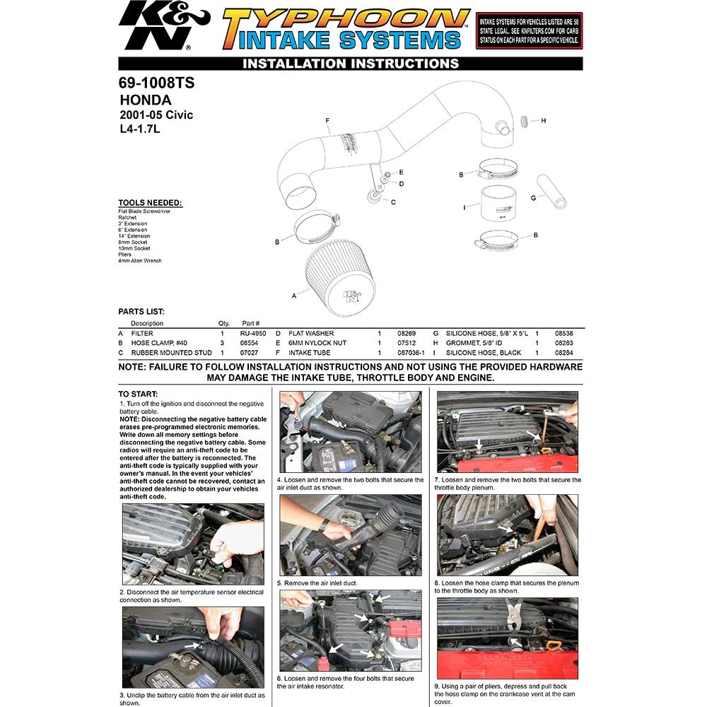 K&N Silver Typhoon Short Ram Intake | 2005-2006 Honda Civic / 2005 Acura EL (69-1008TS)