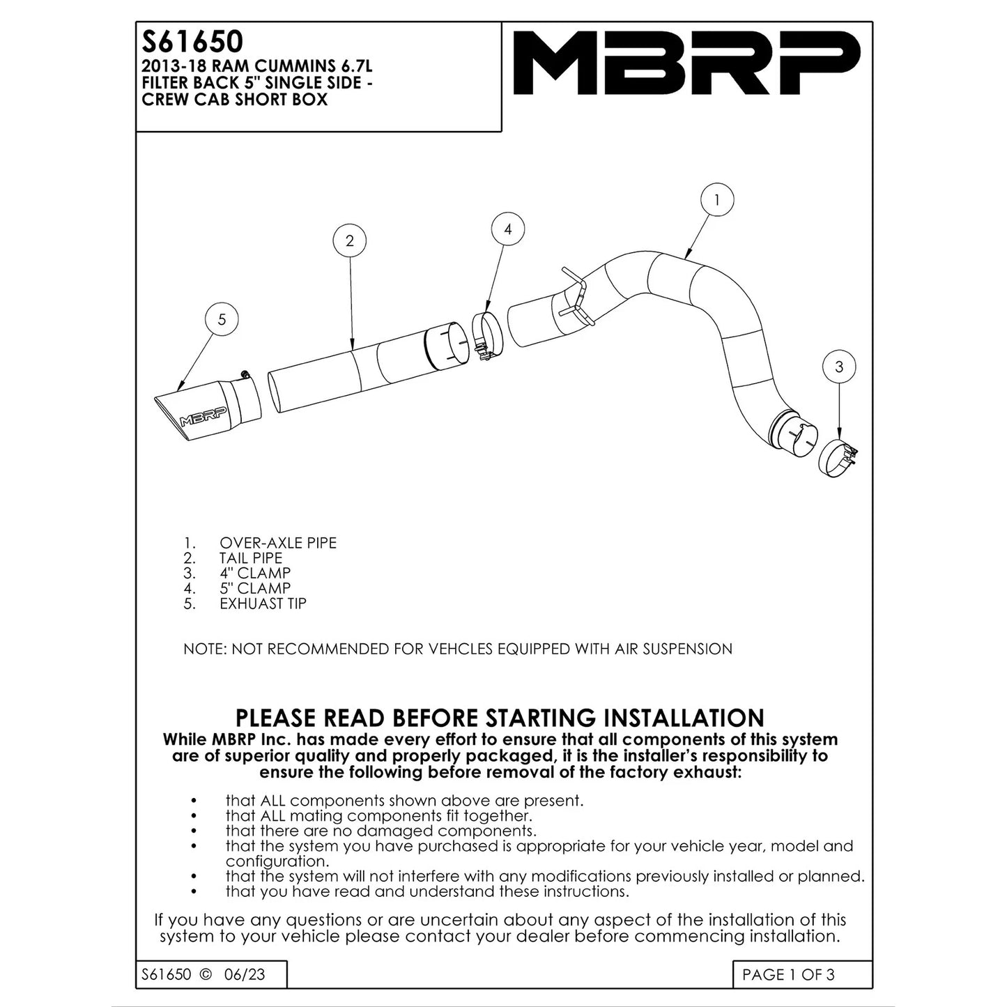MBRP 5in Filter Back Single Side Exit T409 | Ram 2500/3500 Cummins 6.7L (13-18) (S61650409)