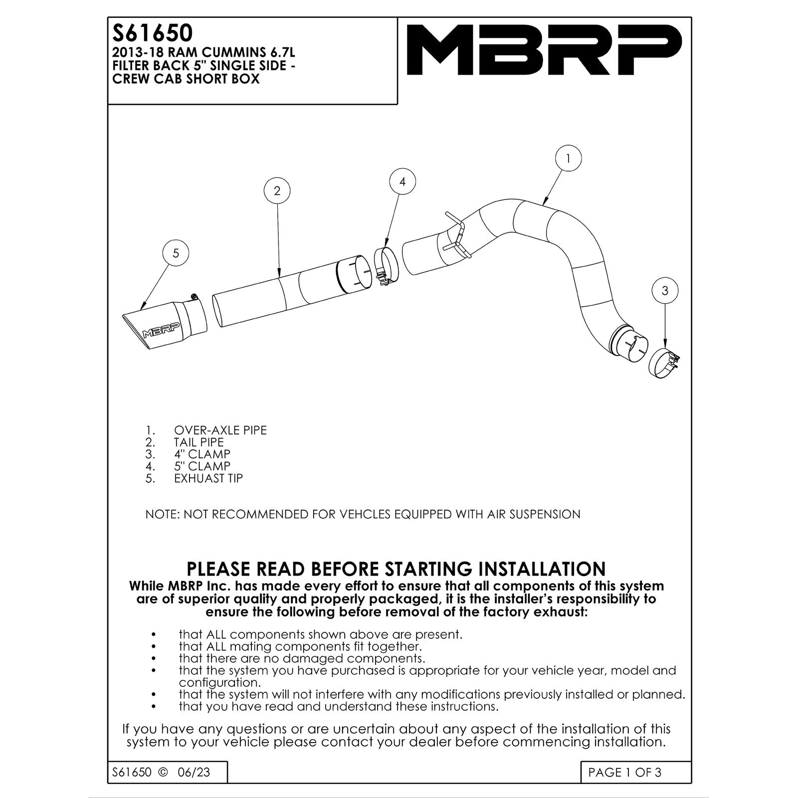 MBRP 5in Filter Back Single Side Exit T409 | Ram 2500/3500 Cummins 6.7L (13-18) (S61650409)