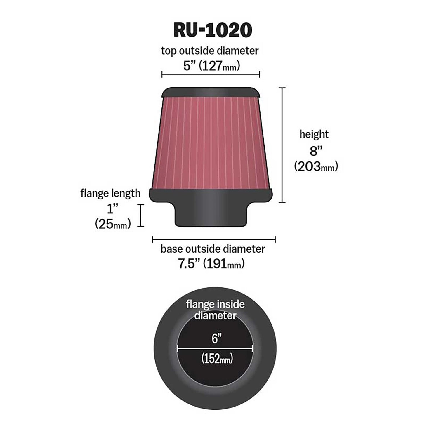 K&N RU-1020 Universal Round Tapered Performance Washable Air Filter for Intake