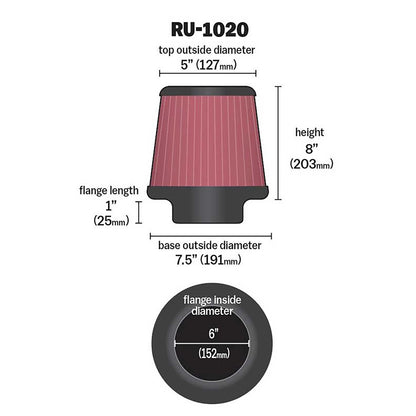 K&N RU-1020 Universal Round Tapered Performance Washable Air Filter for Intake