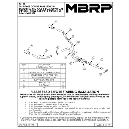 MBRP Alum Filter Back Exhaust | Dodge Ram 1500 3.0L EcoDiesel (S6171AL)