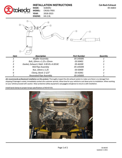 aFe Takeda 2.5in 304 Stainless Steel Cat-Back | Subaru Crosstrek (18-19) (49-36803)