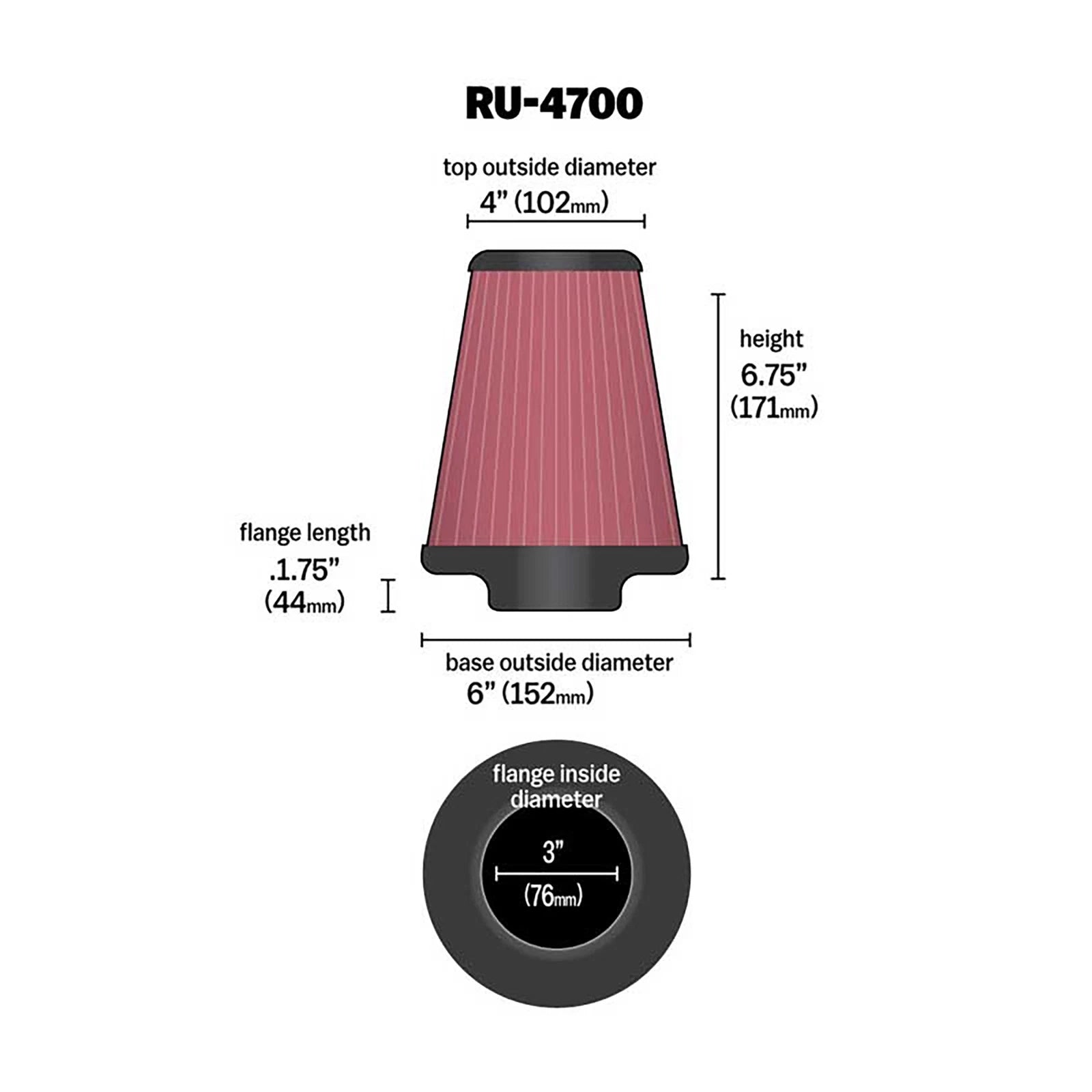K&N RU-4700 Universal Round Tapered Performance Washable Air Filter for Intake