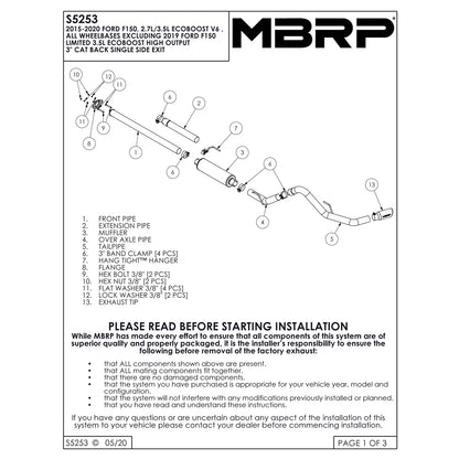 MBRP 3in Cat-Back Single Side Black Exhaust System | Ford F-150 2.7L / 3.5L EcoBoost (15) (S5253BLK)